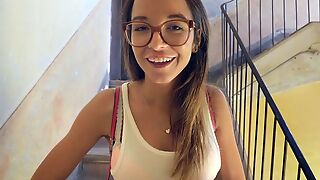 Busty teen girl wearing glasses enjoys fucking in public