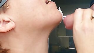 4K - MILF in glasses and lipstick gives a big blowjob and gets a huge facial
