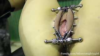 He puts a labia clamp in my pussy and plays with it. I's winter, I'm suffering the cold ( BdsmNaughtyGirl )